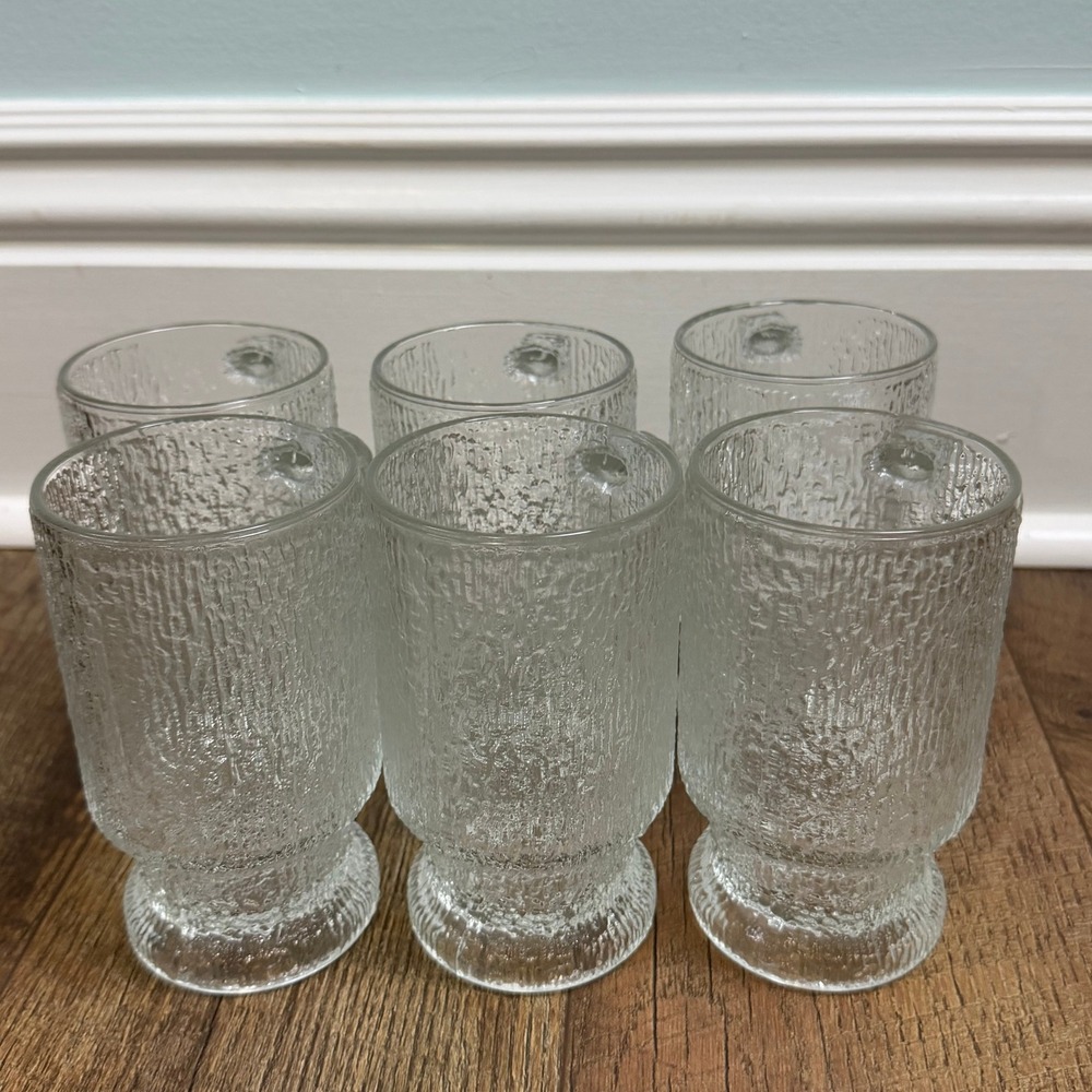 Indiana Glass Crystal Ice Tree Bark Footed Mugs Set of 6 Clear MCM Vintage